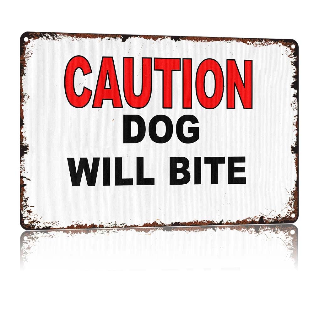 peiyeety CAUTION DOG WILL BITE Vintage Aluminum Metal Sign, 12X8 Inches Retro Distressed Tin Sign, Warning Decorative Wall Art Plaque for Outdoor Yard Fence Entrance Garden Home Farm Decoration
