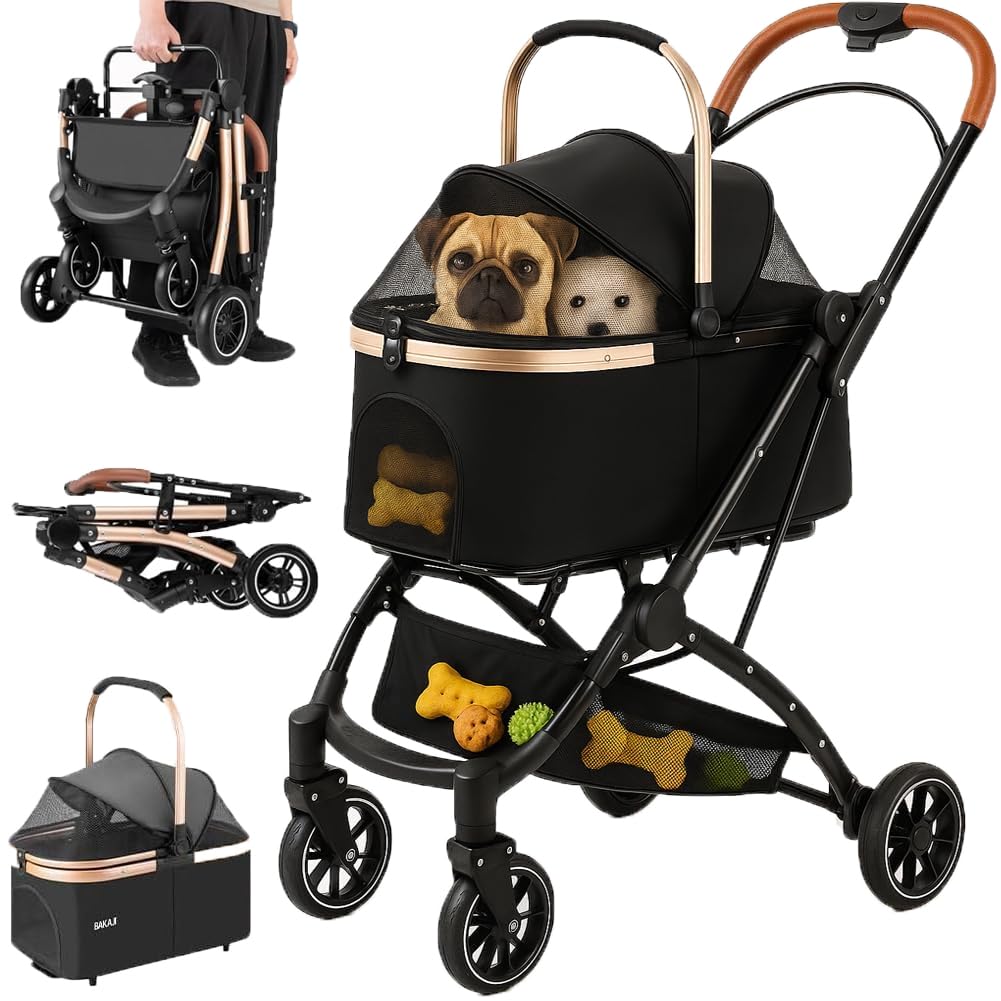 BAKAJI Cochecito para perros y gatos 2 en 1 con capazo extraíble y cierre ahorra espacio, cochecito para mascotas con cápsula transportín extraíble y techo abatible, peso máx. 50 kg (negro)