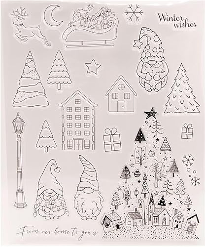 Miniatura 5 de Arbuya Sellos transparentes para árbol de Navidad para hacer tarjetas o diario, gnomos de casa de invierno, sellos de goma para álbumes de recortes,