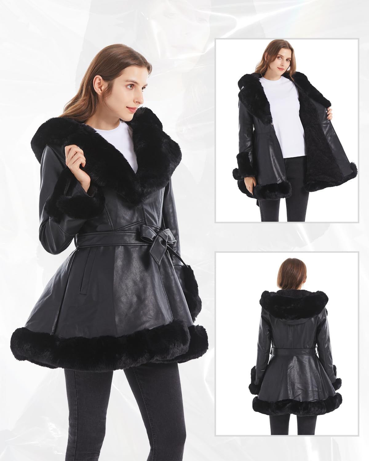 GRAN ORIENTE Women's Faux Leather Jacket with Faux Fur Collar, Winter Long Sleeve Furry Trim Peplum Parka Coat with Belt - Image 3