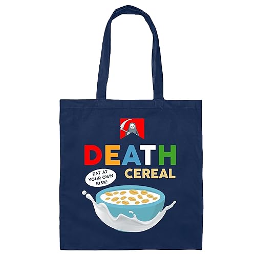 Funny Gift Idea for Risk Takers Death Cereal Eat at Your Own Risk Navy Black Multicolor Canvas Tote Bag