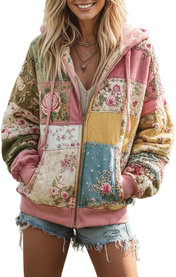 Women's Boho Patchwork Floral Hoodie Long Sleeve Fleece-Lined Zip Up Sweatshirt, Cozy Vintage Casual Fall Winter Wear