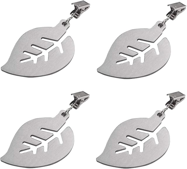 SUBZHAOYI Set of 4 Tablecloth Weights with Clips Stainless Steel Leaf Shape Tablecloth Clips for Indoor and Outdoor Use