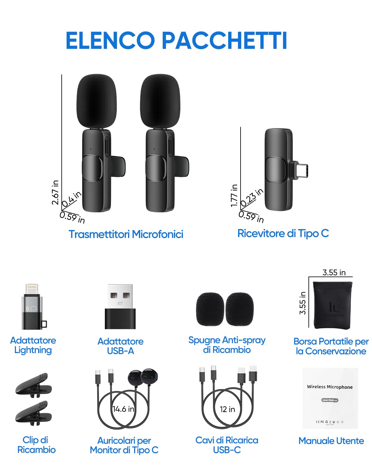 Microfono Wireless per Porta Type-C/Lightning/USB, IUMAKEVP Microfoni Lavalier Plug-play con Riduzione del Rumore per Registrazione Video, Live Steam, Intervista, YouTube, TikTok and Facebook (2 mics)