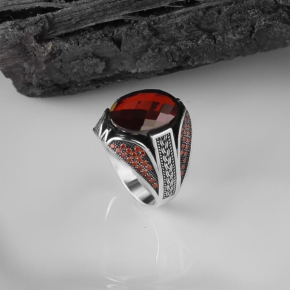 925 Sterling Silver Men's Garnet Stone Ring, Handmade, Gemstone, Red Stone Silver Ring, Gift for Him - Image 3