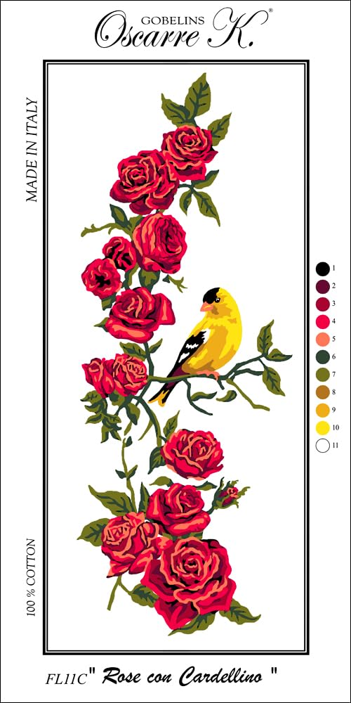 Oscarre K. gobelins Kit Mezzo Punto Croce Completo cm 30x60 (ricamo finito cm 21,5x50) Rose con Cardellino