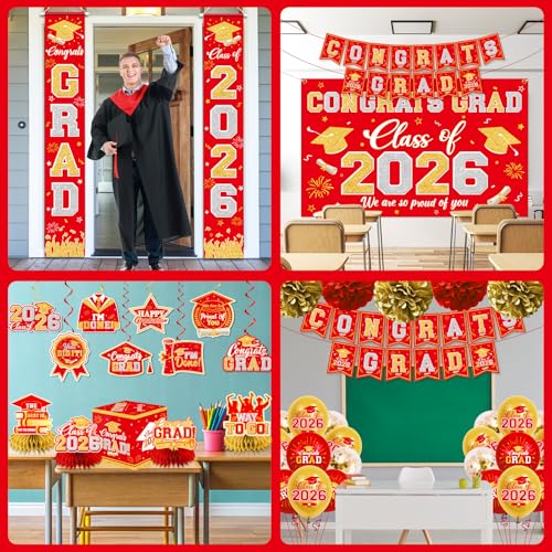 Image of Graduation Decorations Class of 2026 Red and Gold Graduation Decorations with Congrats Grad Banner,Backdrop,Porch Sign,Balloons,Hanging Swirls,Honeycomb Centerpieces,Box for Graduation Party Supplies