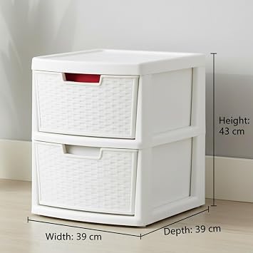 Large Plastic Rattan Drawer Storage Unit for Home Bedroom Bathroom Kitchen Organiser Stackable Drawers Durable Storage Solution Space Saver and Easy Access Storage - (Rattan White, 2 Tier)