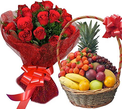 Sattva Flower Boutique 20 Red Roses with 2 kg Fresh Fruits in a Basket (Standard Size, Light Yellow) : Amazon.in: Home & Kitchen