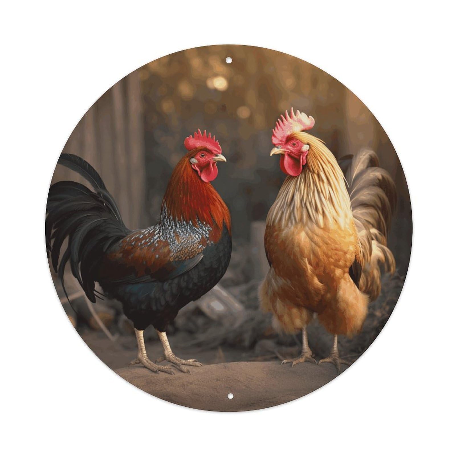 LZQPOEAS Rooster And Chicken Round Aluminum Wall Art Sign, Metal Indoor Wall Decor with Holes, Durable Circular Aluminum Plaque for Home, Bar, Cafe, Living Room, And Office Decoration