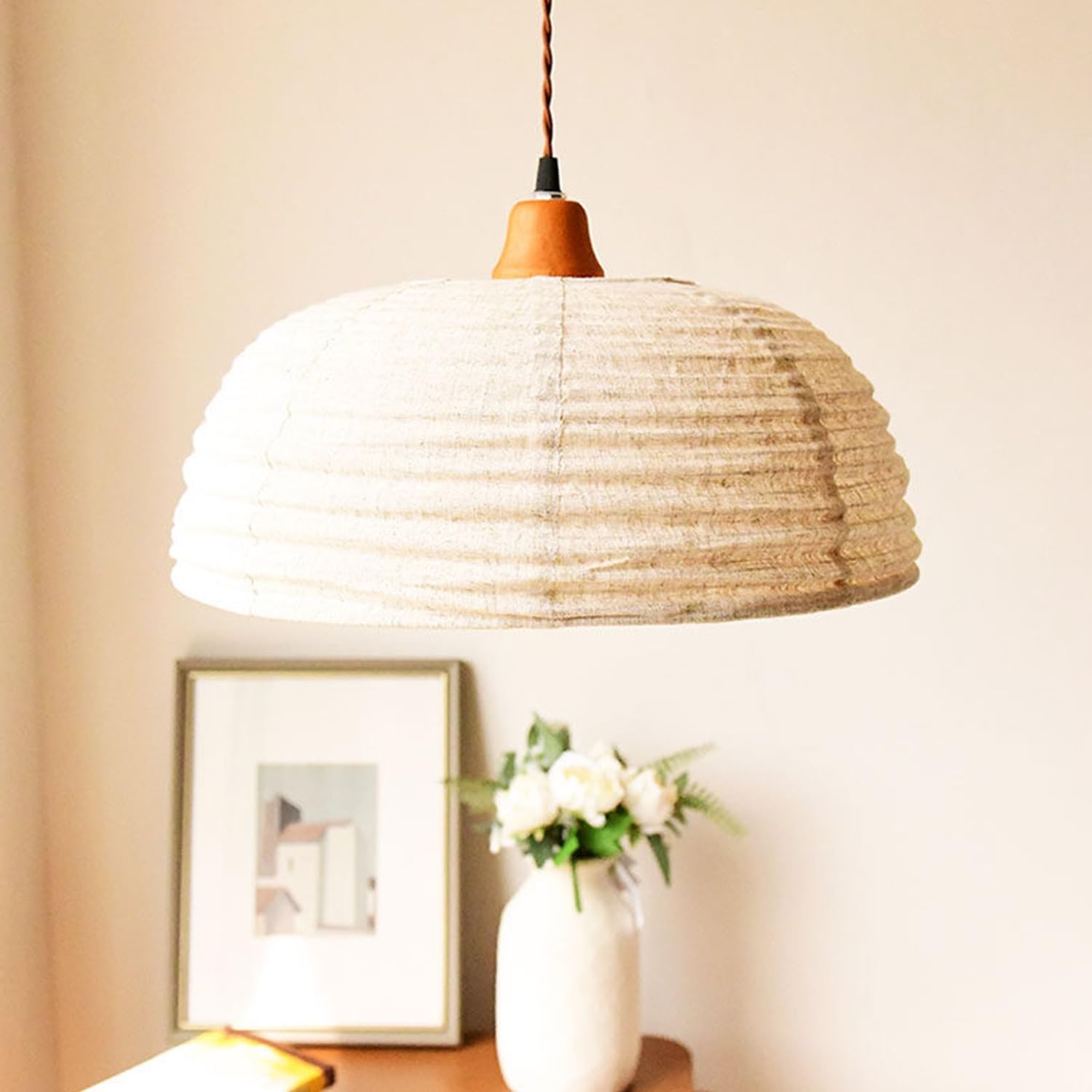 Wiszaca Lampa Vintage Bohemian Z Sznura Konopnego, Żyrandol Sufitowy E27 W Stylu Wiejskim Z Naturalnym Kloszem Lnianym Do Kuchni Jadalni Salonu Sypialni Kawiarni Baru,40cm