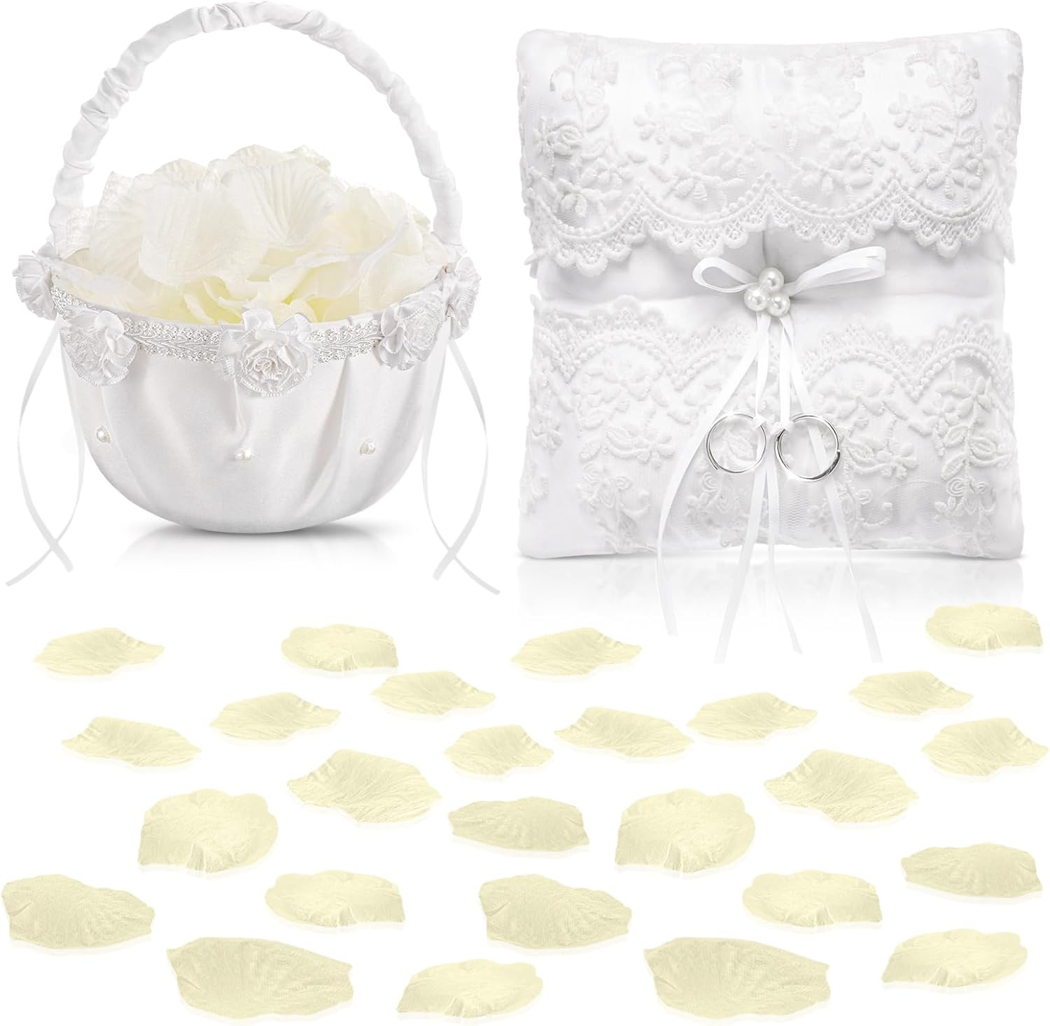 Flower Girl Basket 300 Pcs Artificial White Ivory Color Silk Rose Petals Decoration and Bearer Cushion for Weddings Other Celebrations (No Basket)