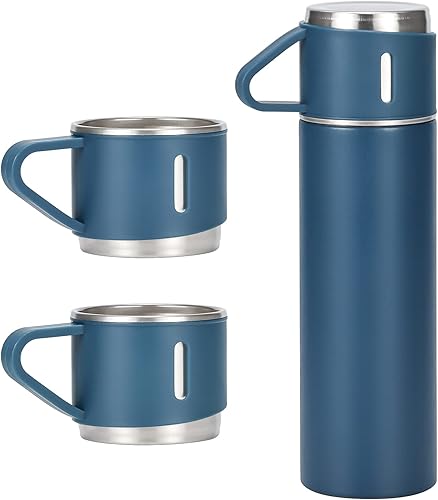 Juego de termo de acero inoxidable de 16.9 fl oz17 onzas, botella de agua aislada con tres tazas para bebidas calientes y frías, color azul
