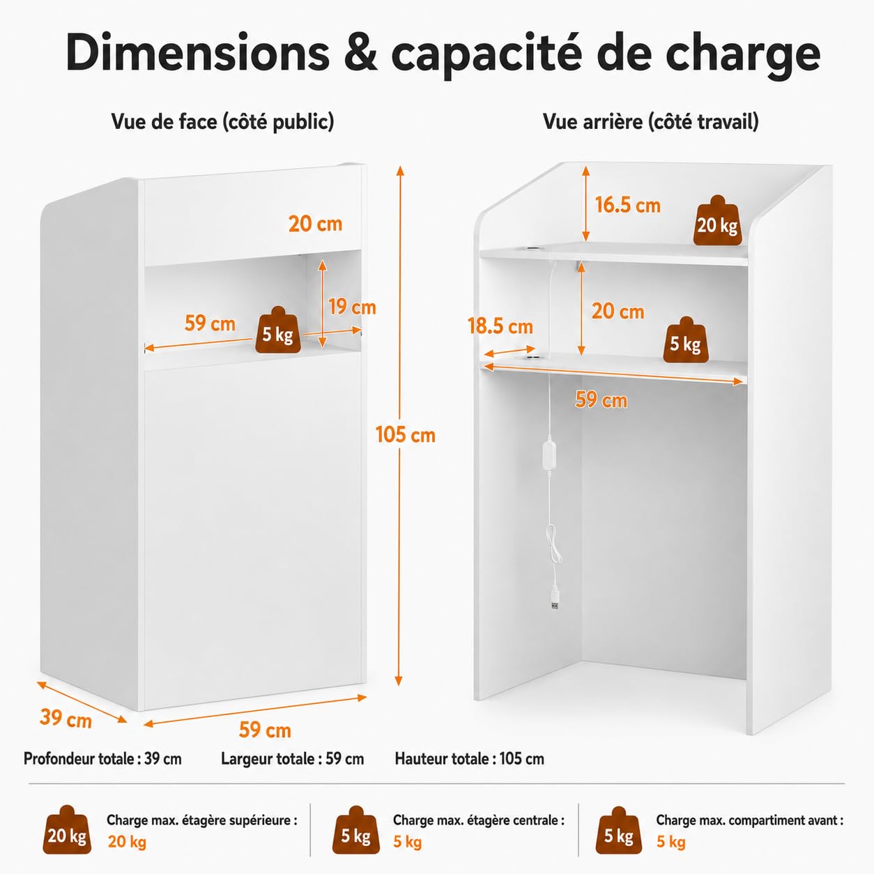 Comptoir de réception avec éclairage LED et étagère d'exposition, Table de Caisse avec 2 Compartiments de Rangement, Petit comptoir de réception pour Bureau, Magasin, Salon, 59 x 39 x 109 cm