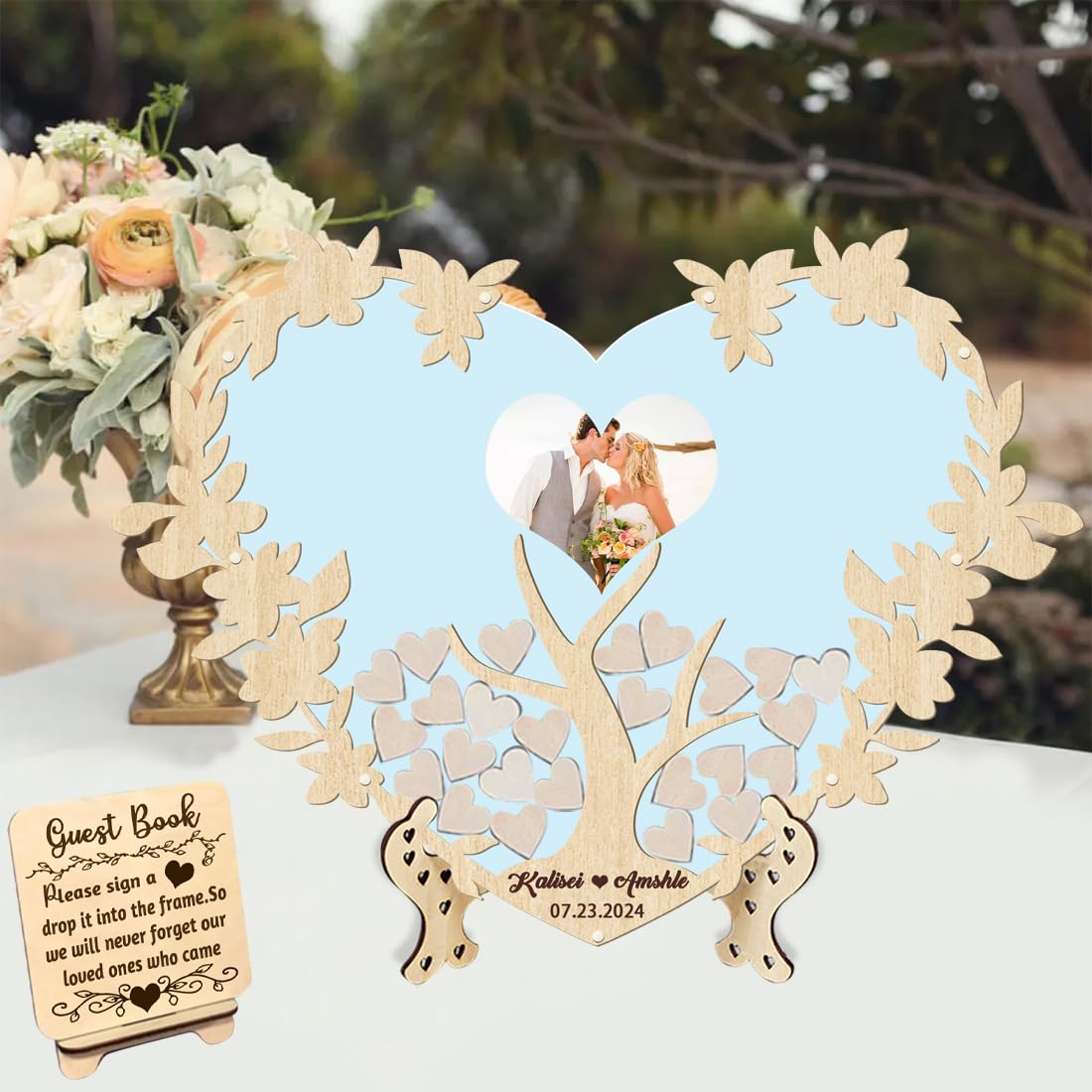 Libro Degli Ospiti Matrimonio 3D A Forma Di Cuore, Stile Rustico Con Albero Della Vita, 40x60 Cm, 150 Cuori In Legno Personalizzabili
