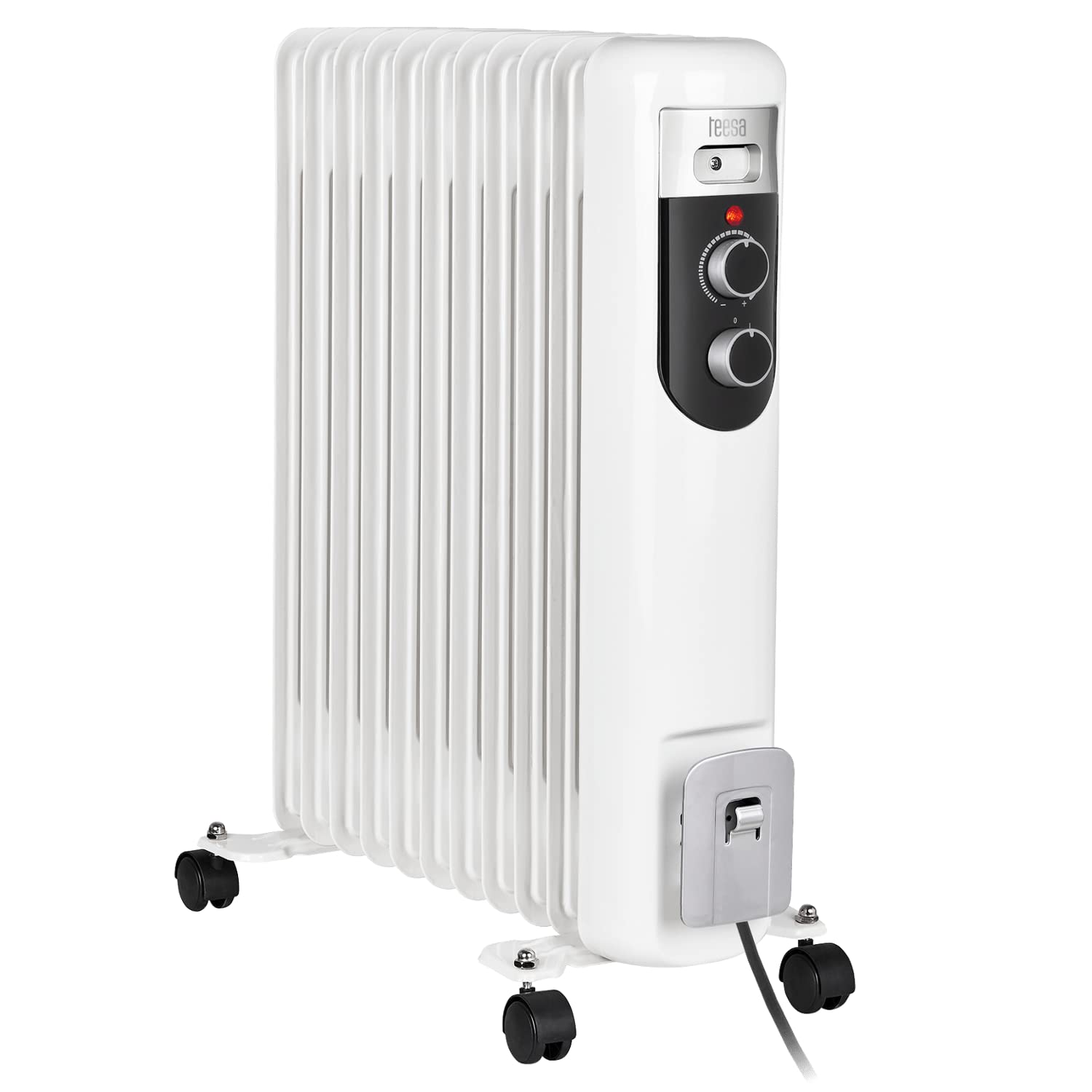 Teesa TSA8049 elektryczny grzejnik olejowy 2500 W (11 żeber), grzejnik z termostatem, 3 stopnie ogrzewania, na 4 kółkach, biały