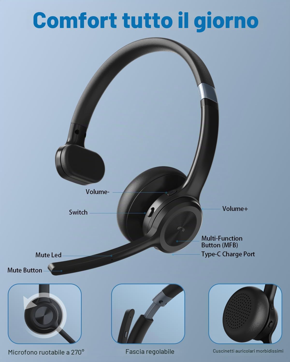 ANSTEN Cuffie con Microfono Riduzione del Rumore Cuffie con Microfono Bluetooth V5.2 30H Call Mute Microfono Cuffie PC Wireless Ufficio Cuffie Call Center per Zoom Skype