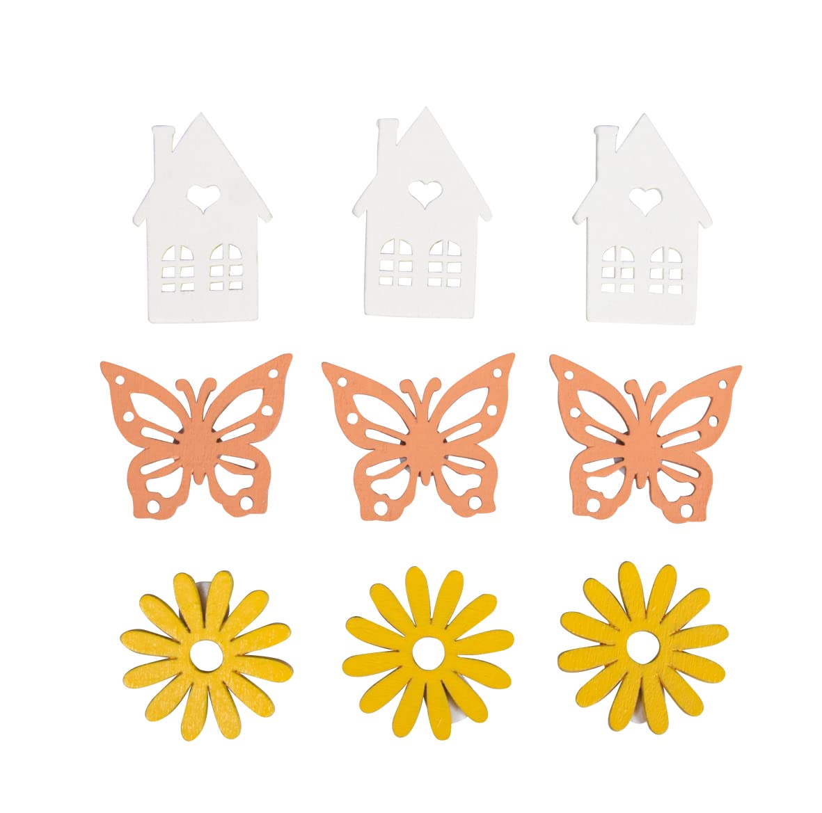 Rayher Set of 9 Self-Adhesive Wooden Embellishments for Crafting, Card Making and Scrapbooking, Papercraft Decorations with Butterfly, Flower, and House Design, 3.4-4.5cm, 46679000
