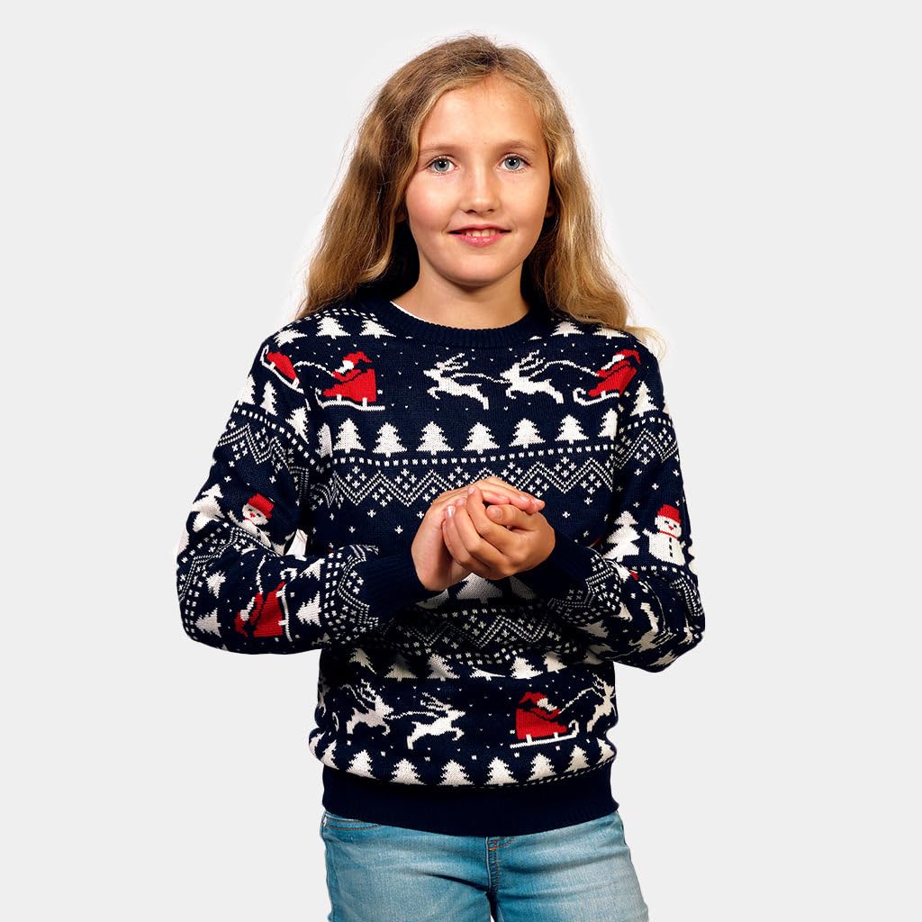 Pull de Noël pour Femme, Homme et Enfant Bleu avec Sapins, Bonhommes de Neige et Père Noël