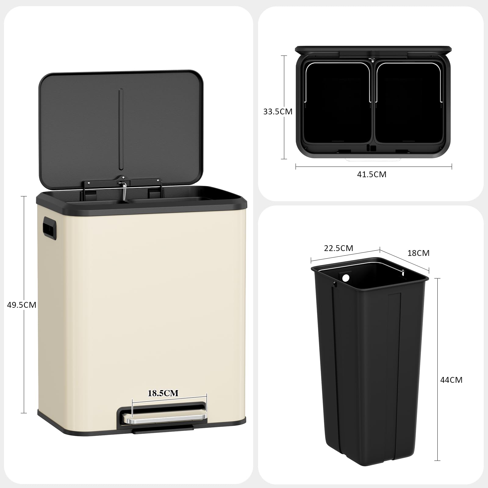 LIFERUN Mülleimer 2 Fächer, Mülltrennsystem 2 x 15 L,Sandbeige | Abfalleimer Küche aus Edelstahl, Softclose Deckel, Inneneimer Abnehmbar mit Griffe,Doppelfach Treteimer,für Single-Wohnung