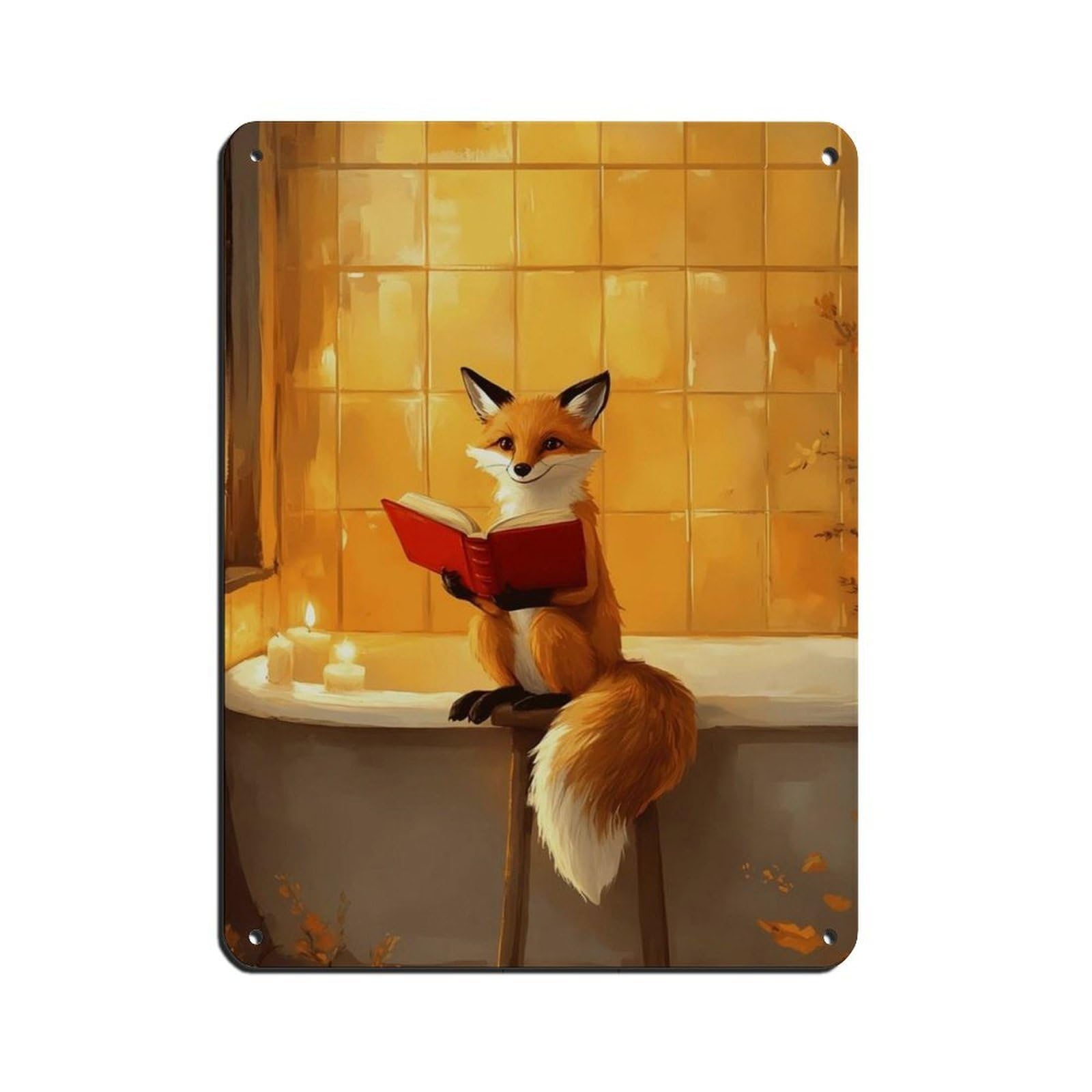 Cute Fox Reading Book in Bathtub Retro Poster Metal Tin Sign Chic Art Retro Iron Painting Bar People Cave Cafe Family Garage Poster Wall Decoration 12x16inch(30x40cm)