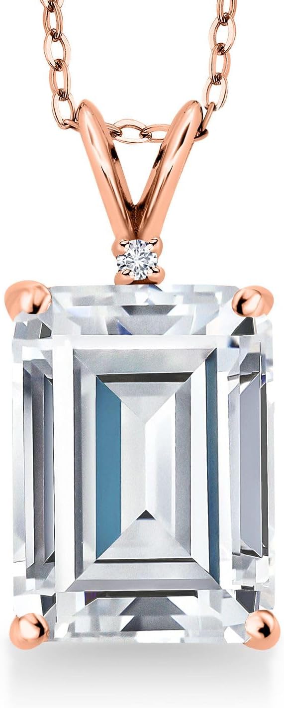 Gem Stone King 18K Rose Gold Plated Silver Gemstone Birthstone Pendant Necklace for Women | 14X10MM Emerald Cut and 1.5MM Round Accents | With 18 Inch Silver Chain