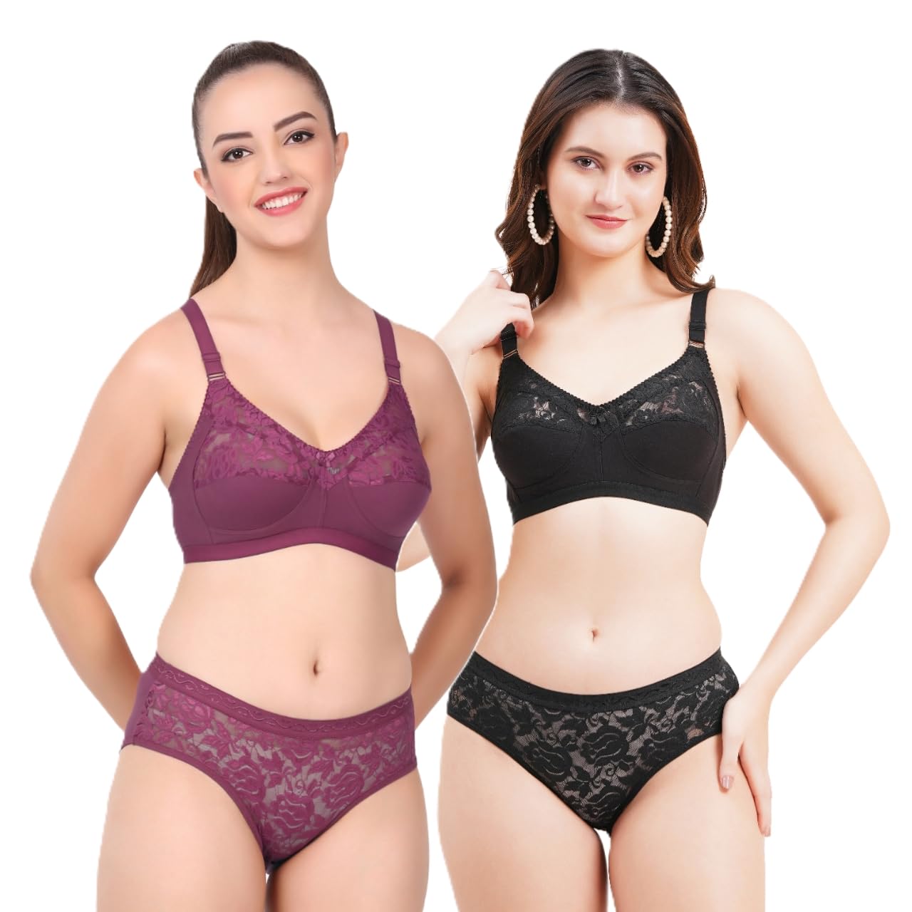 layeba Women's Full Coverage Lace Lingerie Set, Non-Padded Bra and Panty, Pack of 2, Onion and Black-picture-50