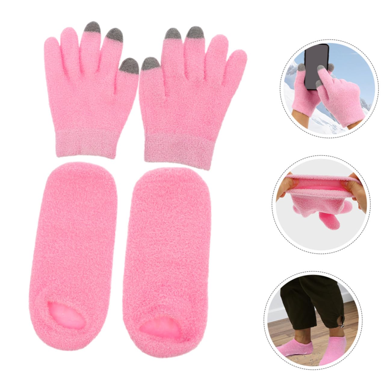 NOLITOY 2 pares Térmicos Hidratantes y Calcetines de Gel Rosa Resistentes y Duraderos Táctiles para Manos Secas y Pies Cuidado Nocturno para Invierno Set para Spa y Protección Diaria
