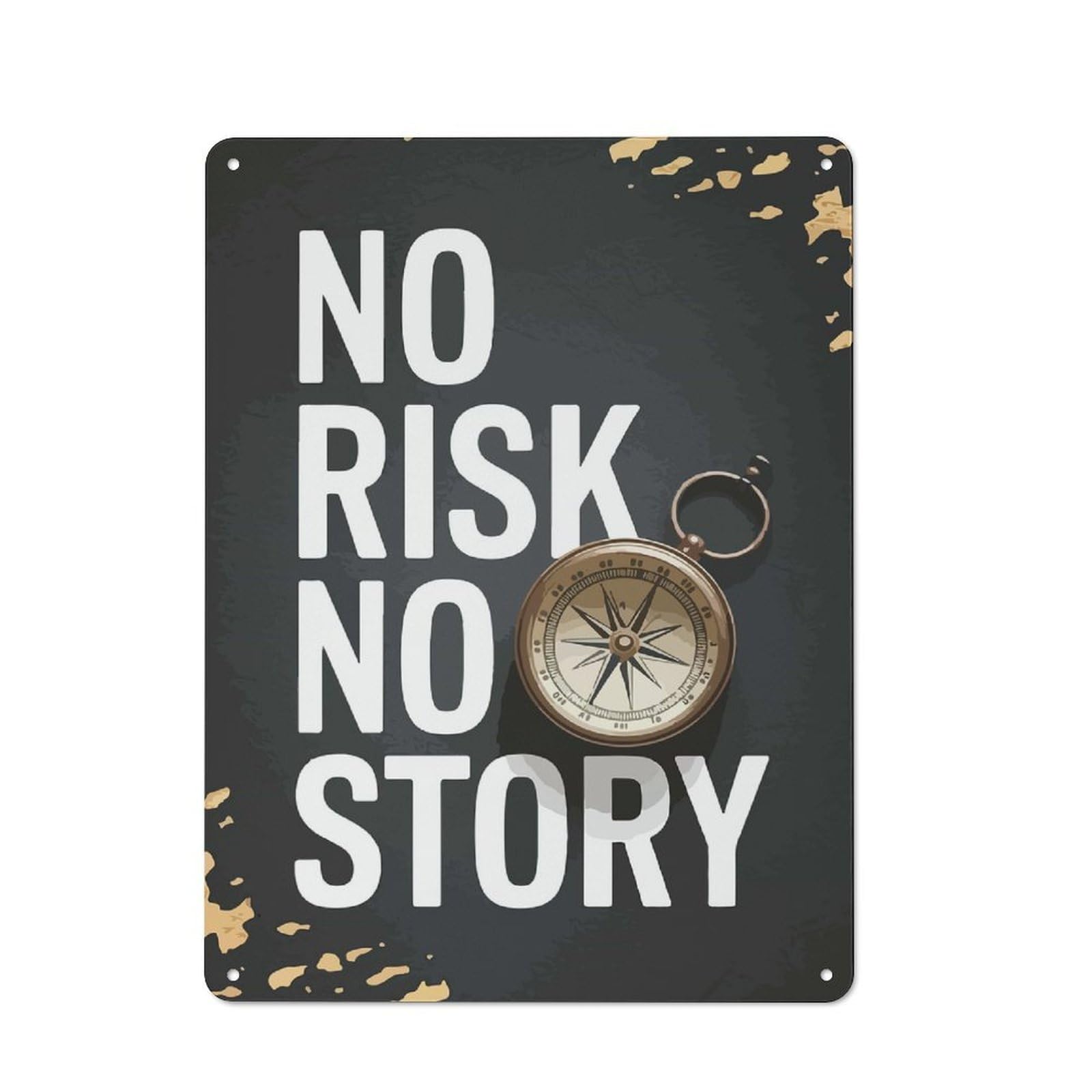 Junmoney No Risk No Story Compass Rustic Metal Plaque 40X30cm For Studio Or Craft Room, Suited To Craft Room Decorators
