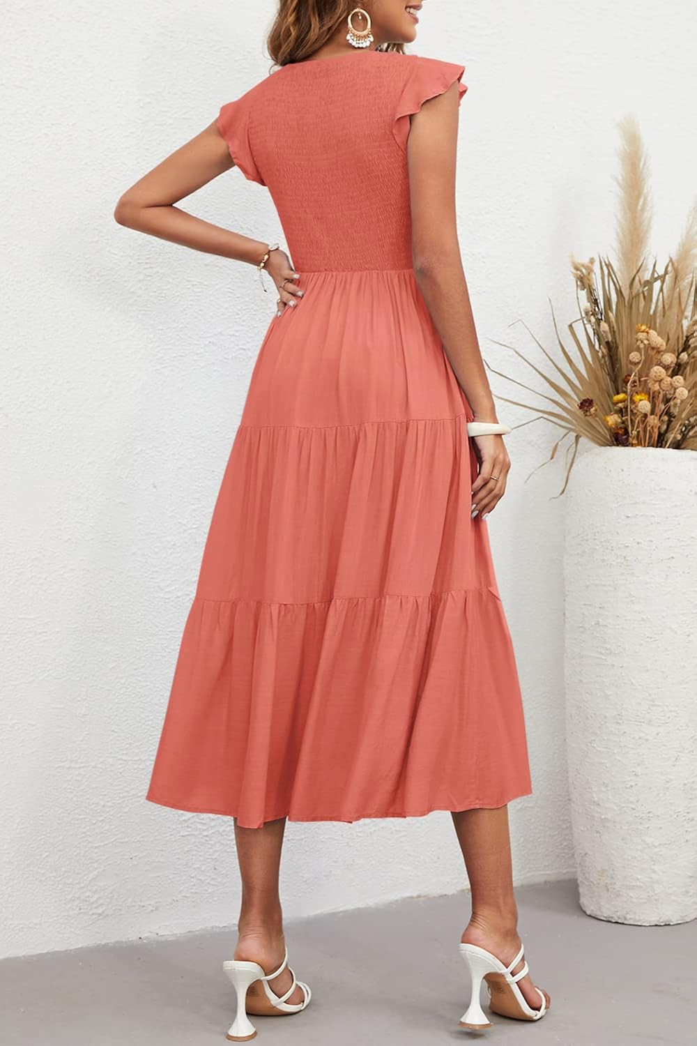 Yanekop Women Ruffle Cap Sleeves Midi Dress Smocked Tiered Boho Beach Dress Flowy Pleated Dress Small 04 Burnt Orange