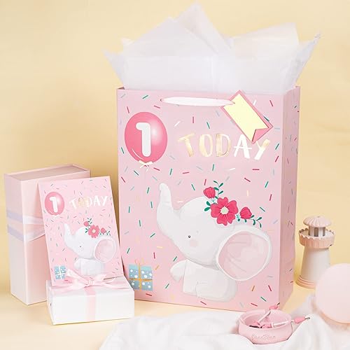 Miniatura 4 de WRAPAHOLIC Bolsa de regalo extra grande de 16 pulgadas con tarjeta y papel de seda, adorable diseño de elefante para bebé, baby shower, fiesta