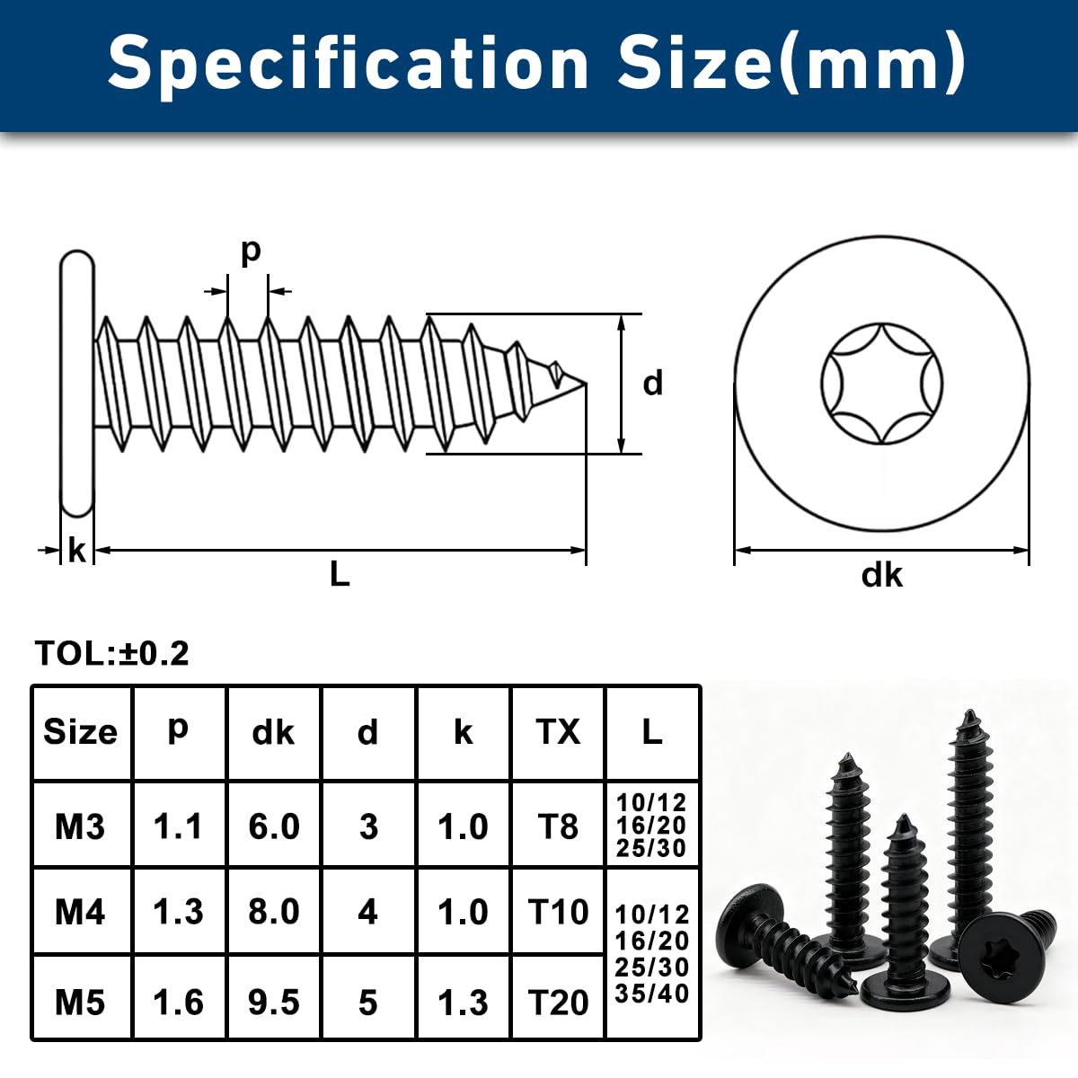 ‌Drenky Śruby M5 do blachy z łbem płaskim Czarne Śruby ze stali nierdzewnej A2 V2A Torx M5 x 20 mm, 50 sztuk