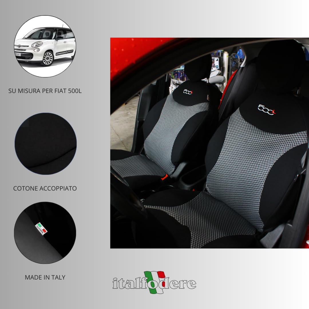 Italfodere - Paar Vordersitzbezüge kompatibel mit Fiat 500L - Gepaarte Baumwolle - Handgefertigt - Elegant und langlebig - Autozubehör - Schwarz 38 - Made in Italy
