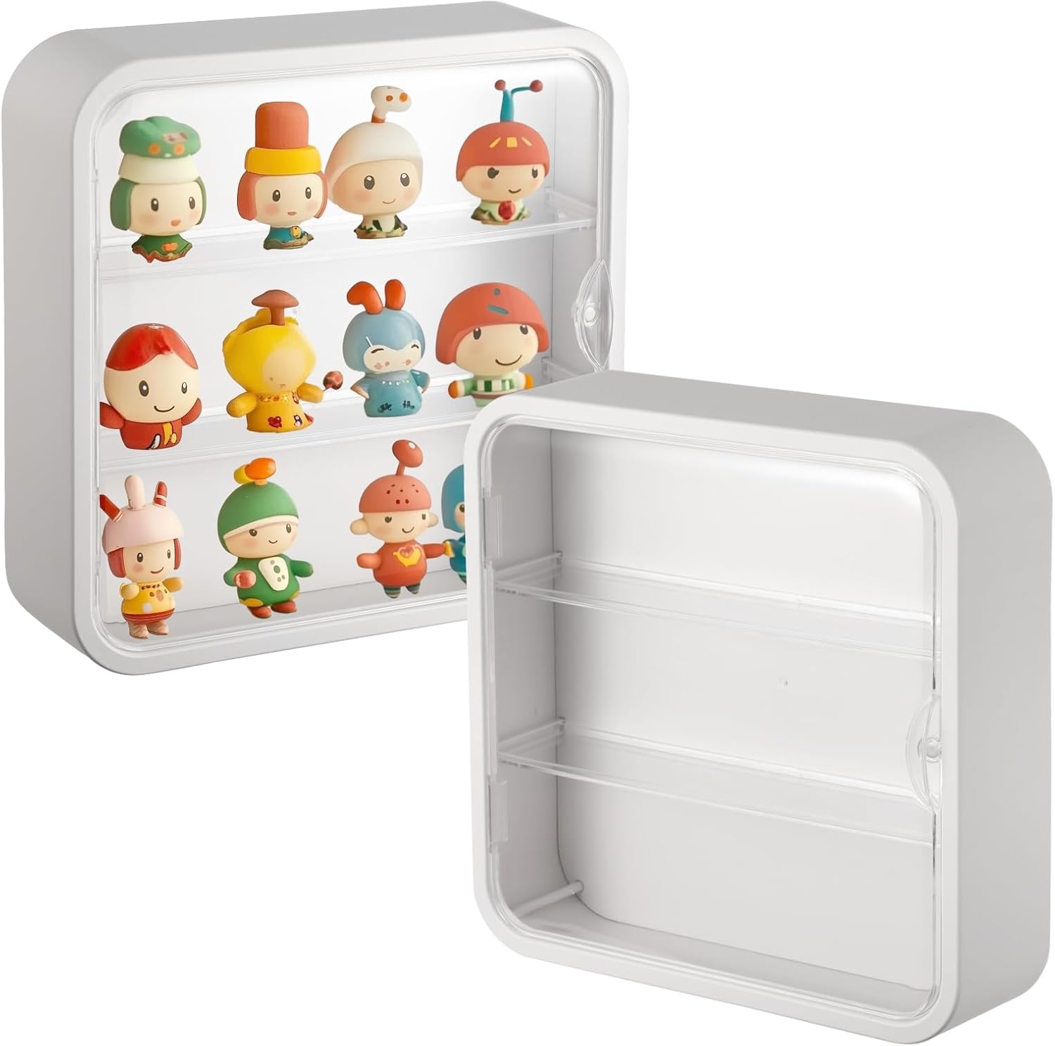 2 Pack Wall Mount Clear Display Case for Figures, 3 Tiered 4-inch Action Figure Display Stand Boxes, Acrylic Figure Display Case Wall Floating with Door for Collectibles, Dust Moisture Proof