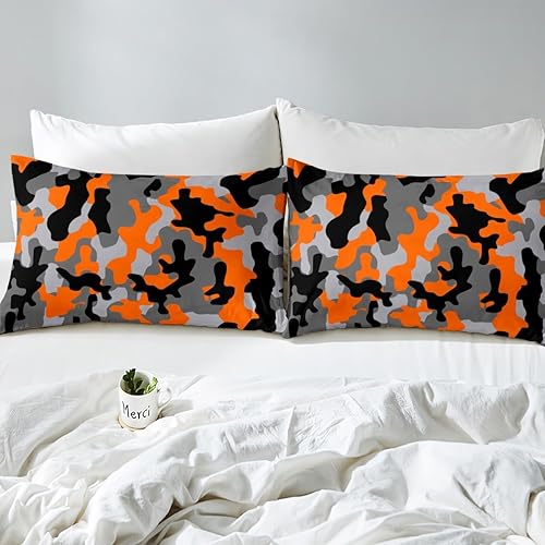 Miniatura 5 de Juego de ropa de cama de camuflaje para niños, funda de edredón de camuflaje militar, para niñas, naranja, negro, gris, funda de edredón para
