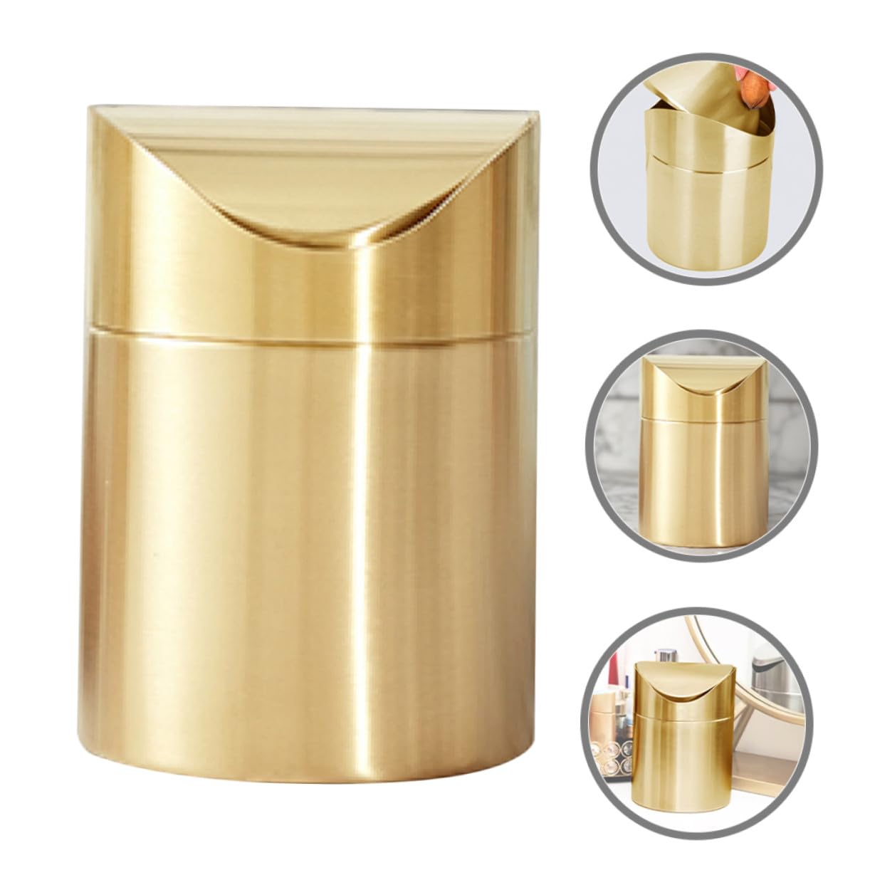 VALICLUD Kleiner Schreibtisch Abfalleimer Eleganter und Kompakter Mülleimer aus Edelstahl mit Pressdeckel Goldfarben Multifunktional für Schreibtisch und Reise