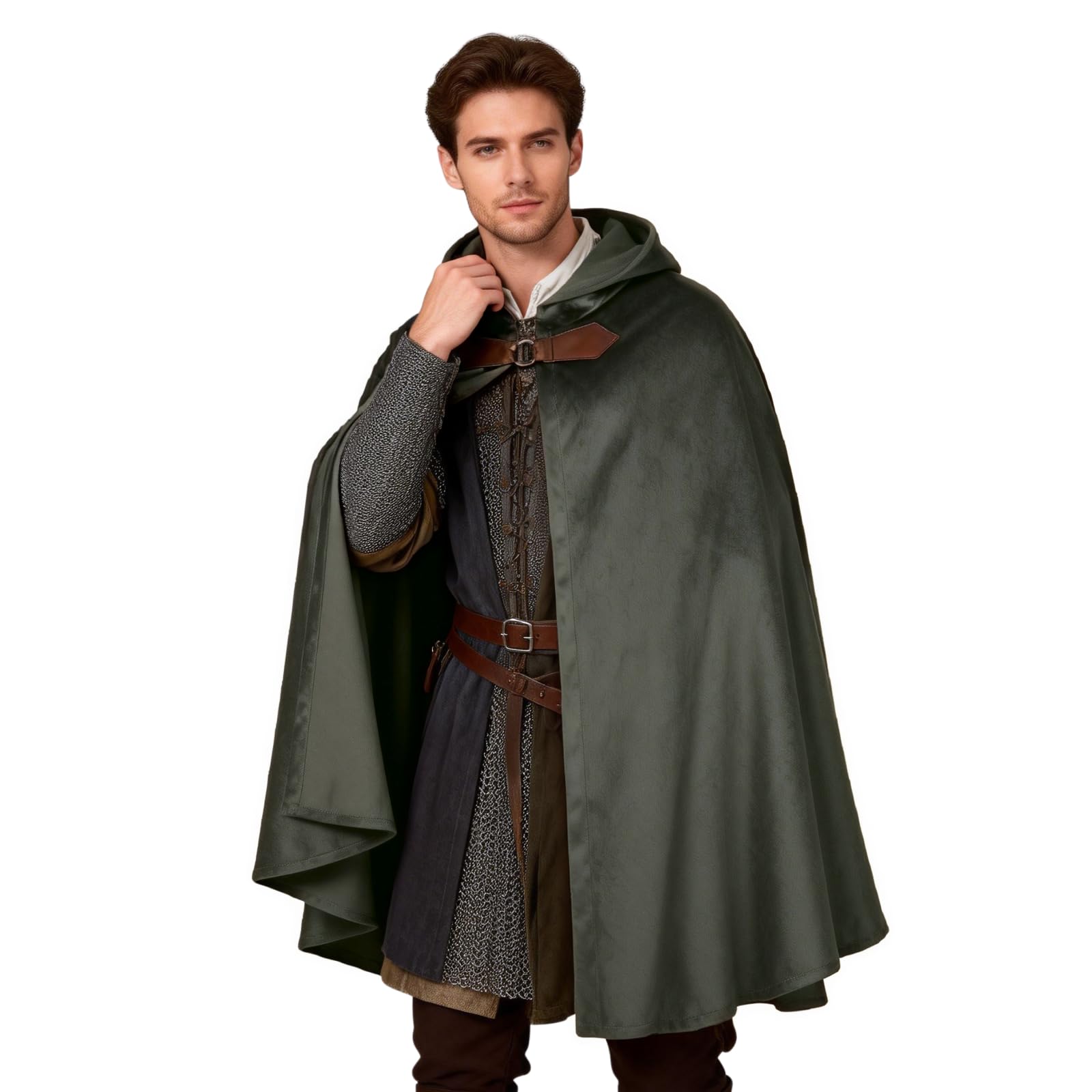 HAPNBCELE Adults Medieval Cloak with Hood, Renaissance Cape Costume Halloween Wizard Cosplay LARP Renaissance Fair RPG Party (Army Green, 31.5“/80cm)