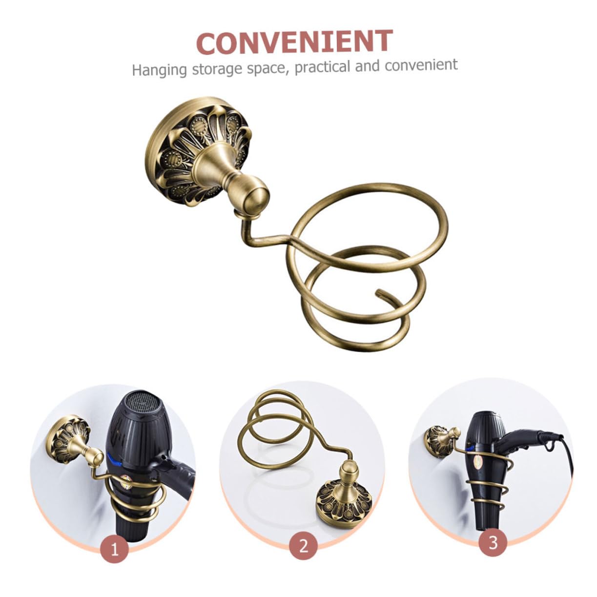 Soporte Secador Pelo Cobre Estilo Europeo Montado Pared Diseño Abierto para Organizar Herramientas de Cabello Resistente y Práctico para Baño