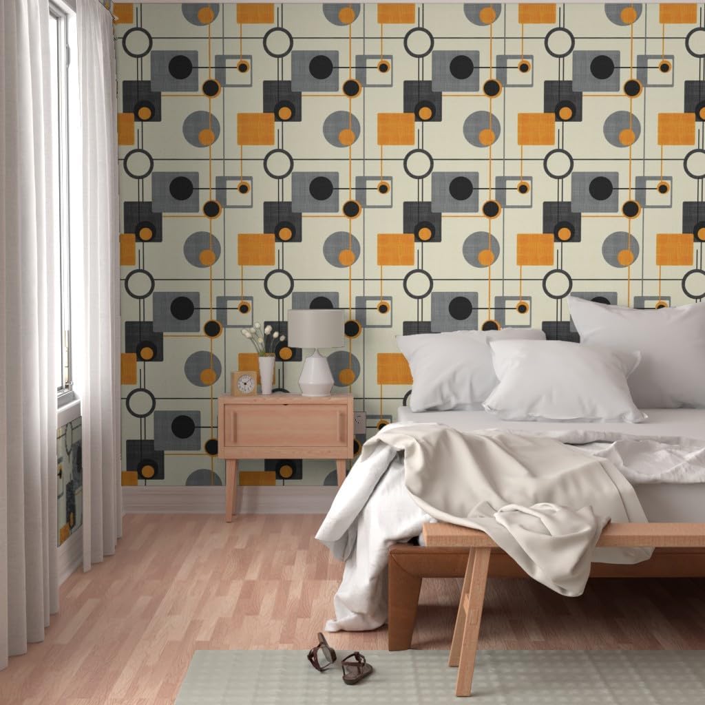 Removable Wallpaper 3ft x 2ft - Orbs Squares Orange Mod Mid Century Modern Retro Vintage Geometric Gray Black Abstract Atomic Custom Pre-Pasted Wallpaper by Spoonflower