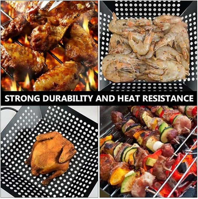 Kruvad BBQ Tray Square Heavy Duty Carbon Steel Nonstick BBQ Grilling Wok Pan Veggie Meat Tray Grill Topper Barbecue Pan Carbon Steel Black Non-Stick Grill Basket Oil Drain Tray for Camping Home - Image 6 thumbnail