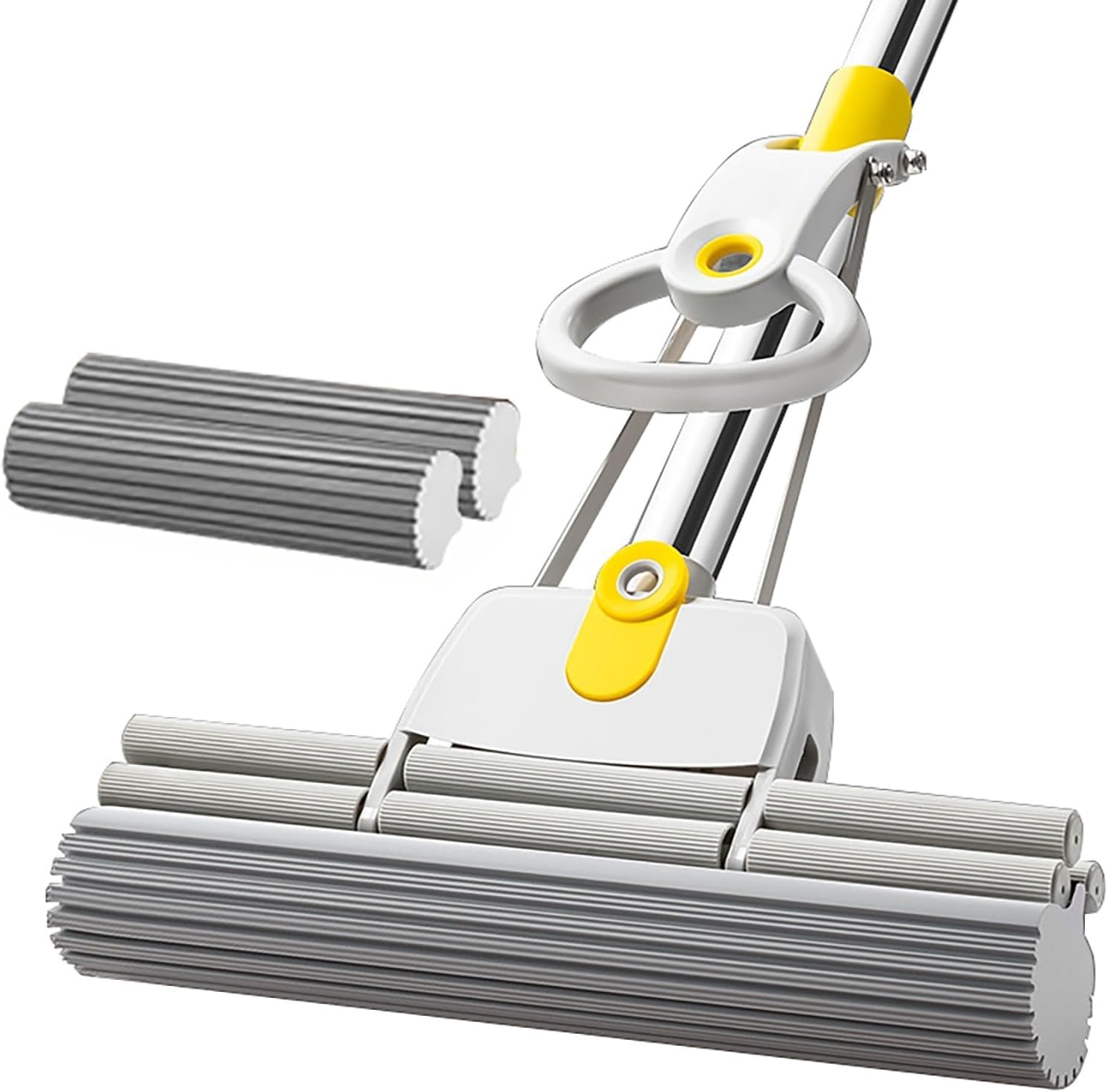 Mopa de limpieza de suelos, fregona de esponja con rodillo de dos filas, mango de 53 pulgadas de largo, ideal para limpiar superficies de baño, oficina, laminado y azulejos de cerámica