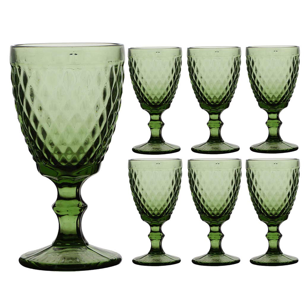 Dibor Set of 6 Wine Glasses Green Diamond Embossed Dishwasher Safe 270ml Wine Glass Goblets