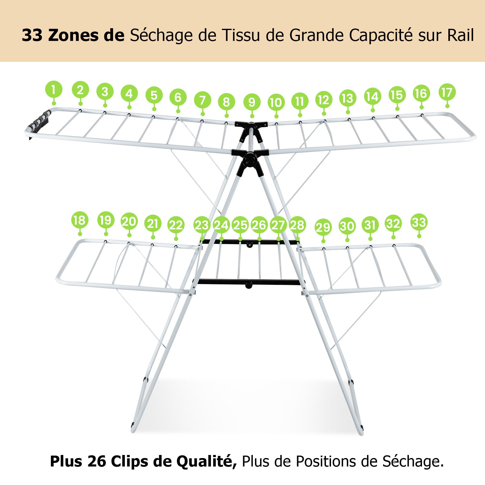 GIANTEX Étendoir Linge Intérieur, Tancarville 2 Niveaux avec Pinces Papillon Réglables, Séchoir à Linge Pliable Déjà Assemblé, Étendoir Linge Extérieur pour Draps & Vêtements, Blanc