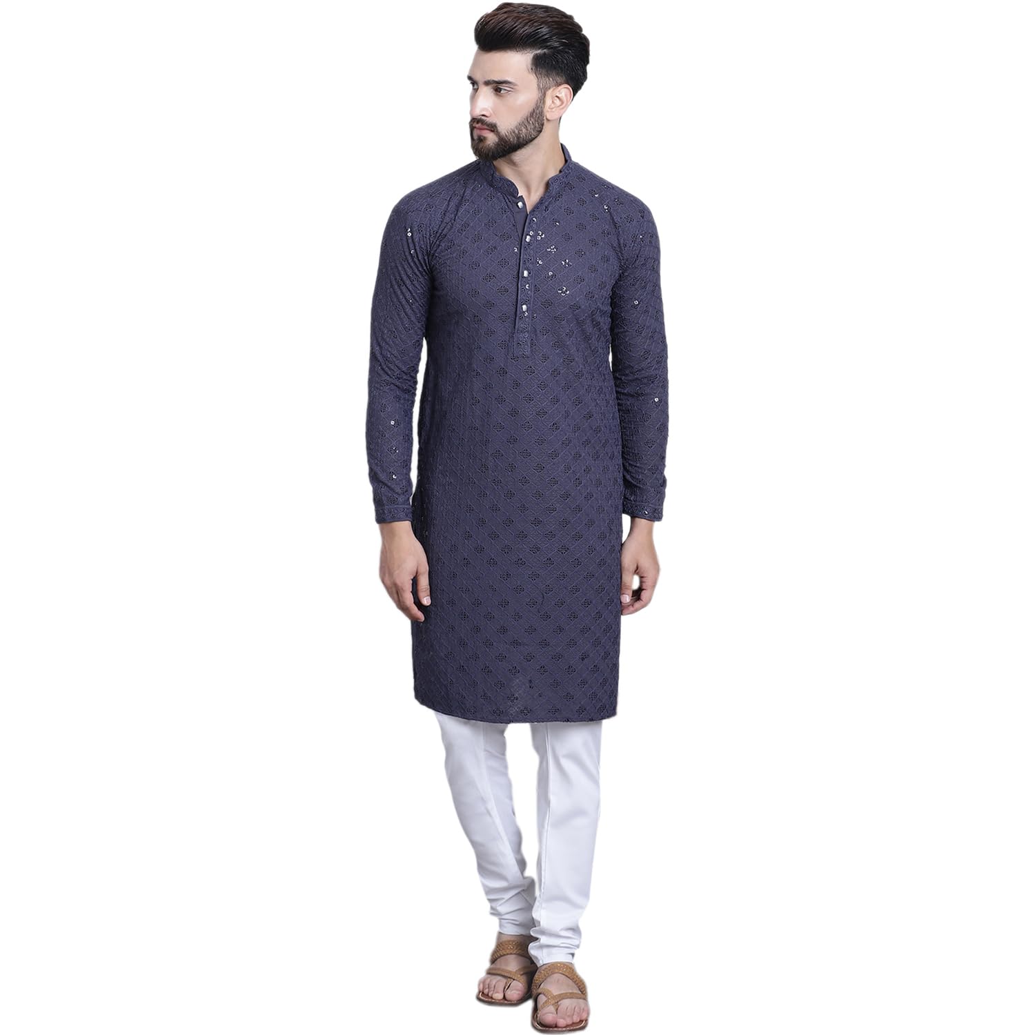 Sojanya (Since 1958 Men's Pure Cotton Grey Sequence Kurta And White Pyjama Set
