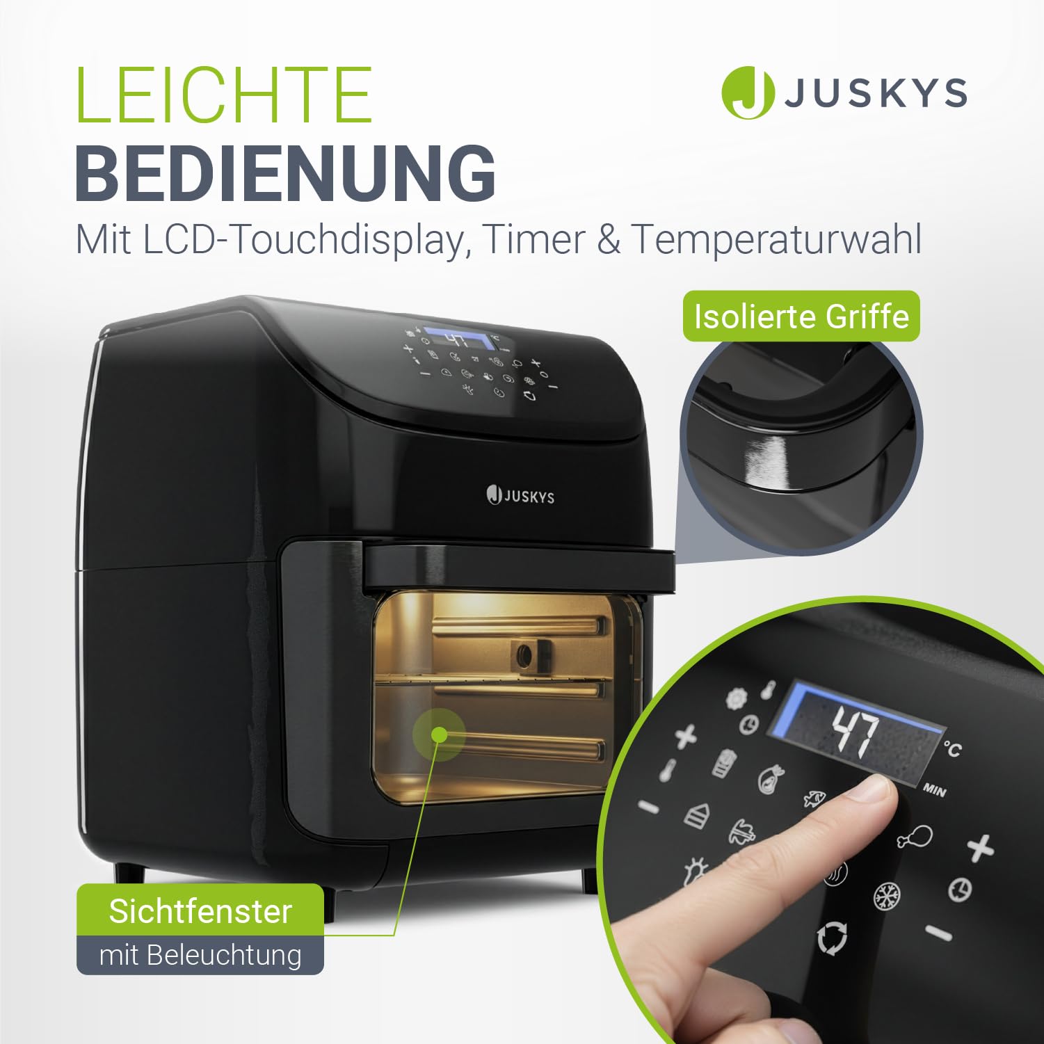 Juskys friggitrice ad aria 12L – nera, Airfryer con schermo LCD touch, 10 modalità, regolazione 25–200 °C & kit completo