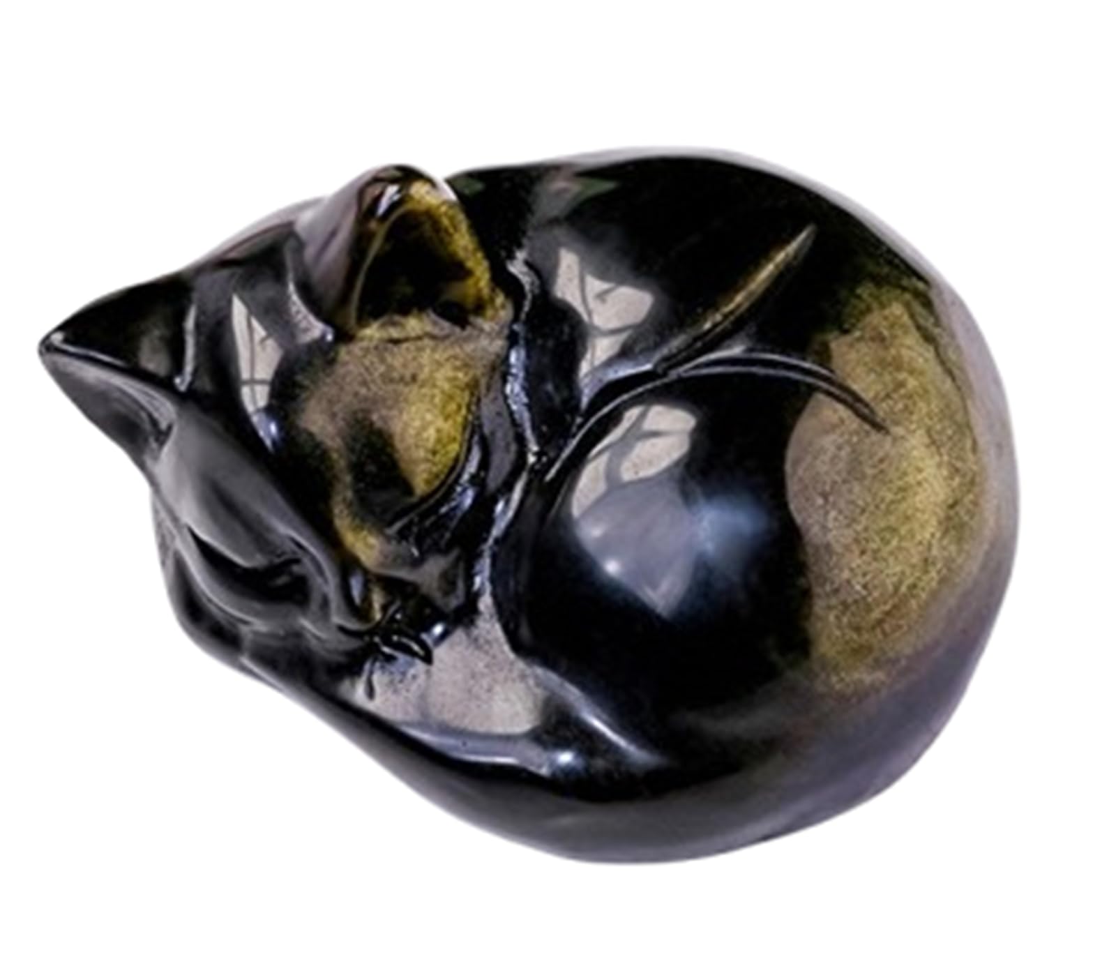 RVBLRDSE Hand Carved Golden Obsidian Cat Statue, Stone Sleeping Decorations,Polished Lucky Cute Figurines for Office Desk Home Decor Gemstone Stone