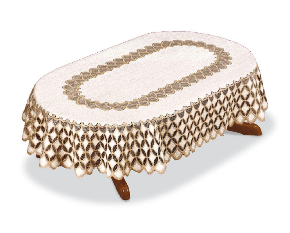 M-Decor Tablecloth large oval linen/beige lace 140 x 250cm (55" x 98")