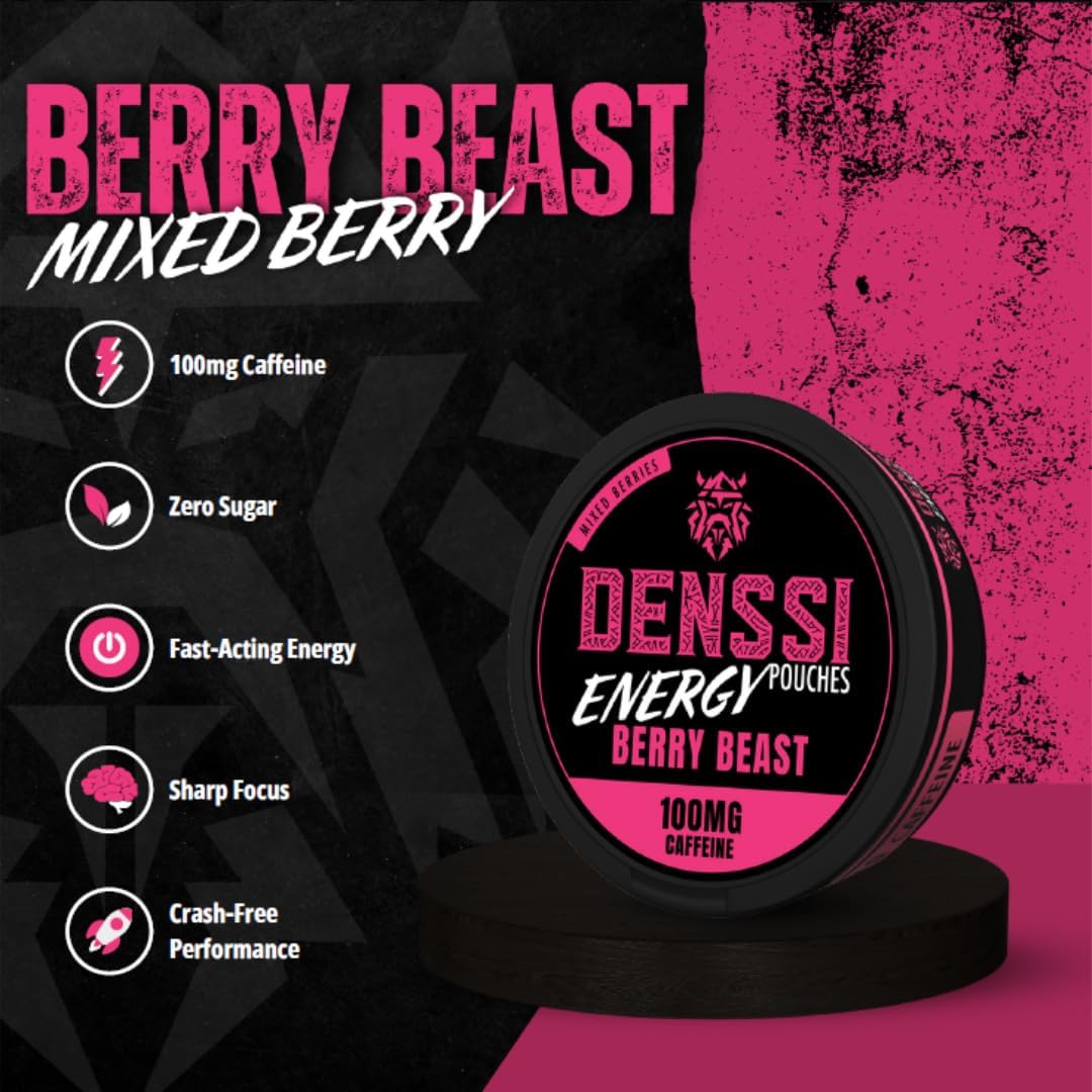 Denssi Pouches de energía – Bolsas de cafeína – para la concentración y la energía – Bolsas nootrópicas sin azúcar (1 pack, Berry Beast)