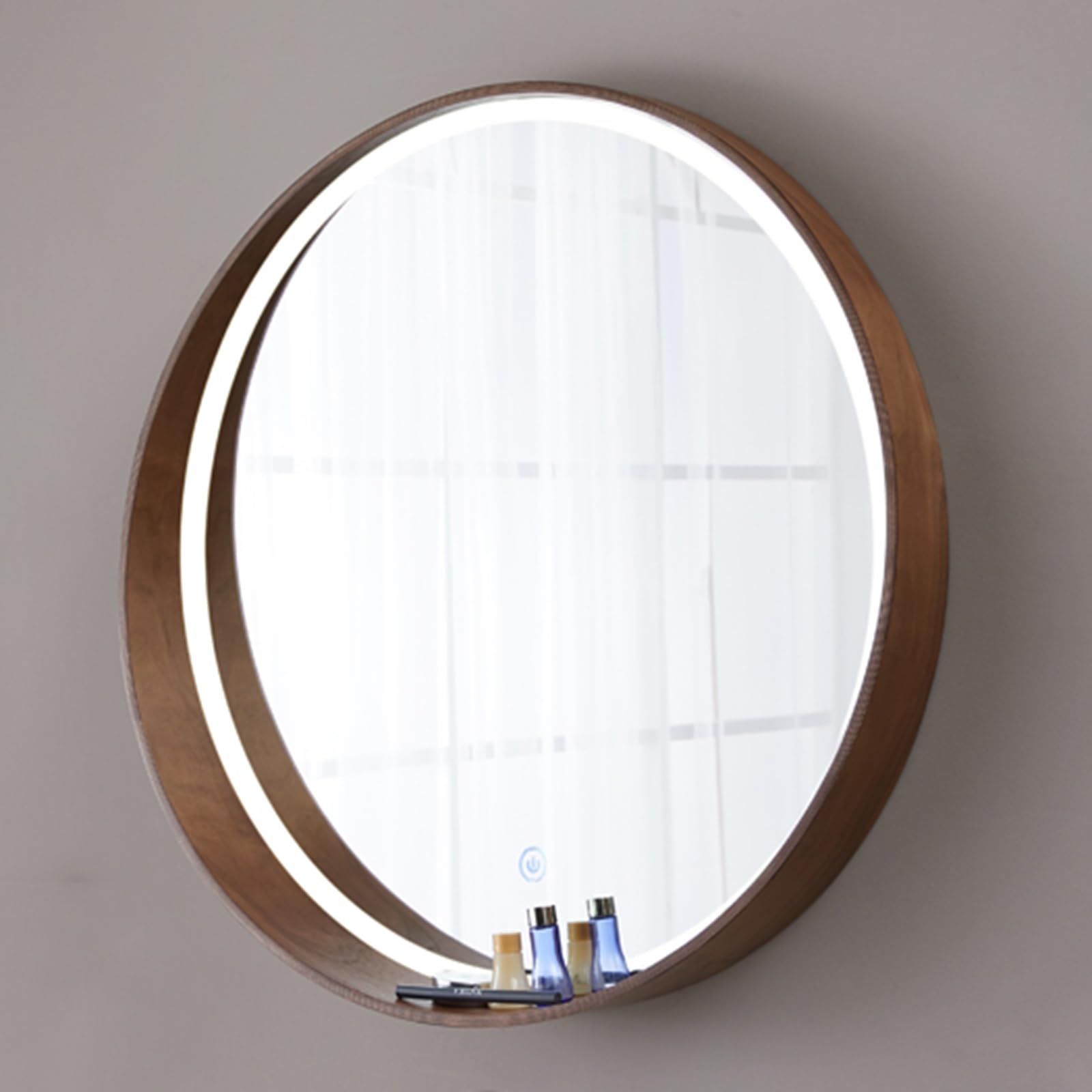 SXFSDOU 60CM LED Round Bathroom Mirror with Walnut Wood Frame - Vintage Circle Vanity for Living Room, Hallway, Bedroom Large Makeup Mirror, Stylish Decor