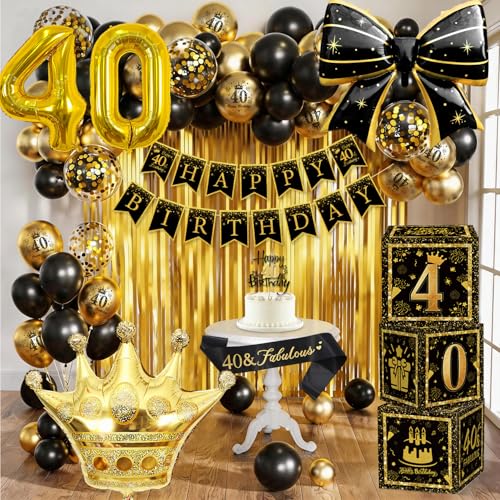 Decoracion 40 Cumpleaños Hombre y Mujer, Juego de Decoración de Cumpleaños 40 Años en Negro y Dorado con Banderín, Globo Corona / Banda, Cortinas de Flecos Aluminio, Accesorios Para Fiesta de 40años